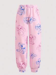 SHEIN 青少年女孩白色圆领宽松针织上衣，带有女孩图案，搭配紫红色喇叭裤，带有街头图案，两件套休闲装 - 白色 - 查看 3