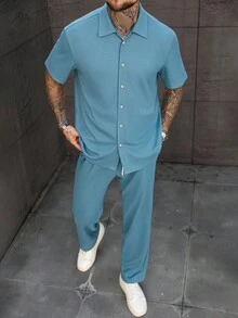 Manfinity CasualCool 男士纯色前扣短袖衬衫和裤子休闲西装 - 藍色 - 查看 1