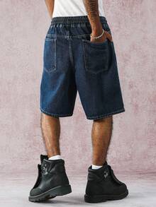 Manfinity Hypemode Casual Dark Wash Straight Elastic Waist Stripe Denim Shorts, Spring/Summer - Dark Wash - View 2