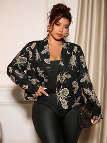Allurite Plus Size Women's Elegant Long Sleeve Double-Breasted Printed Jacket Winter Fall Autumn - Black - View 3