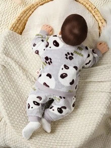 Cozy Pixies 新生男婴/女婴卡通熊猫印花圆领长袖连帽衫和松紧腰踝长裤两件套 - 灰色 - 查看 2