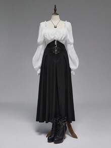 ROMWE Plus Size Vintage Gothic High Waist Embroidered Women Skirt - Black - View 1