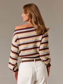 AiiRZ Áo len dệt kim dài tay hở vai kẻ sọc thời trang thu đông thường ngày - Nhiều màu - Xem 3