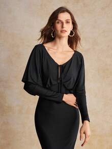 House of One Vestido largo de satén negro sólido con mangas de murciélago, corte frontal y lazo para mujer, elegante para fiestas en otoño