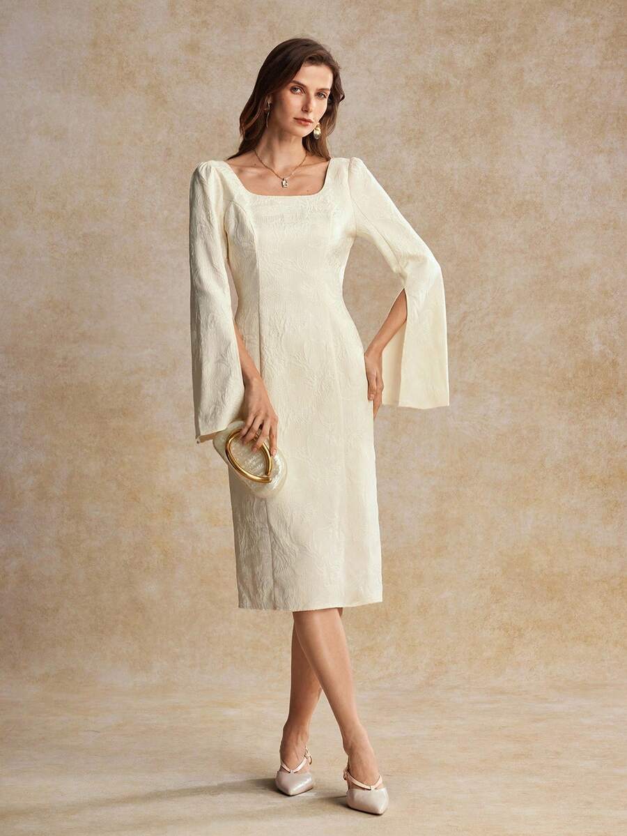 House of One Floral Jacquard Squared Neckline Slit Long Sleeves Midi Dress Women Autumn Elegant Wear