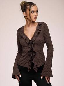 SHEIN BAE Women's Brushed Comfortable See-Through Lace Ruffle Solid Color Long-Sleeved Top,  Brown Top, Date Night S Women, Going Out , Business Casual Woman - Brown - View 6