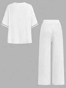 SHEIN 2pcs/Set Teen Girl Loose Casual Colorblock Knit Cardigan And Pants, Elegant Vacation Outfit - Black and White - View 2