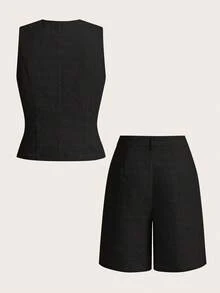 Ellevyn Women's Vest And Shorts Commuting Office Style Suit - Black - View 10