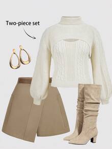 SHEIN MOD Plus Size Knitted Pullover Sweater, Light Apricot Color Knitted Pullover Sweater, 2pcs Set, Reversible, Knitted Vest, Knitted Cover Up,Autumn Pullover, Knitted Long-Sleeved Woolen Suit, Knitted Top Suit, Two-Piece Set (Removable),Fall Sweaters Winter - Apricot - View 1
