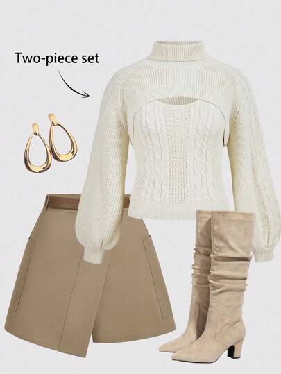 SHEIN MOD 1. Jersey de punto de talla grande, Jersey de punto de color albaricoque claro, Conjunto de 2 piezas, Reversible, Chaleco de punto, Capa de punto