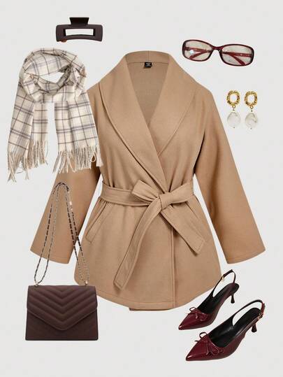 SHEIN MOD Plus Size Women Turndown Collar Woolen Cinched Waist Waist Coat, Elegant For Commuting & Casual/Holiday Wear, Autumn/Winter Fall