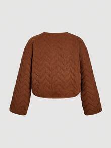 SHEIN MOD 加大码摩卡棕色灯芯绒绗缝开衫夹克，带蝴蝶结 PU 抽绳，浪漫复古风格 - 摩卡棕 - 查看 2