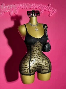 Slaydiva 2025 年夏季新品，适合生日派对、返校、校园风格、学生装、日常休闲装、度假装、邮轮旅行装、海滩装、日光浴装、网络流行装、街头装、性感俱乐部装、可调节肩带、紧身剪裁、植绒字母、网眼透明面料、黑色、女式连体裤 - 黑色 - 查看 5