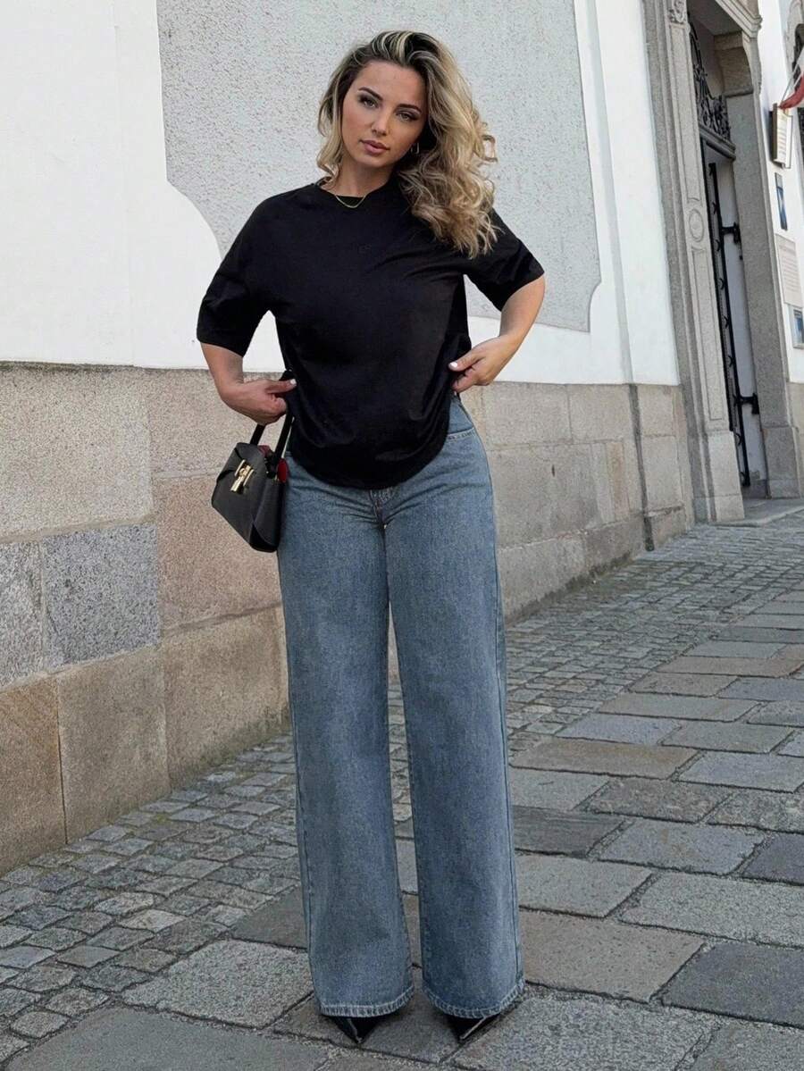 Jeta Ari 纯色宽松口袋休闲百搭宽松牛仔裤 - 淺色水洗藍 - 查看 1