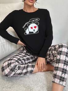 EURMUSE Cotton Cartoon Panda And Slogan Graphic Long Sleeved Shirt & Pants Homewear Pajama Set 100 Percent Cotton Pajamas Comfy Pajamas Set Sleep Wear Women Set Cartoon Pajamas Women Pajama Sets For Women - Black - View 3