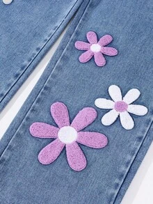 SHEIN Tween Girl New Fashion Distressed Snowflake Embroidered Wide-Leg Jeans Tween Aesthetic Heart Cardigan Daisy Jeans Y2k Teen Y2k Girl Y2k Aesthetic Jean For Girls Y2k For Girls Tween Y2k Tween Girl Y2k Full For 11 To 12 Year Old With Plant Pants With Butterflies And Flowers Aesthetic For Girls Fall Winter 90s Kids - Medium Wash - View 7