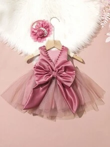 SHEIN 2 件套新生儿女童珍珠风格连衣裙配玫瑰花头带婴儿拍照服装婴儿 1 个月 100 天拍照服装 - 紅色 - 查看 3