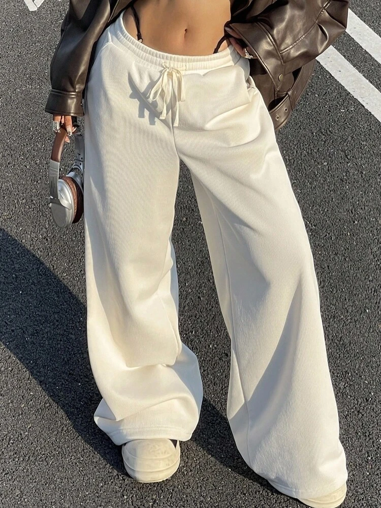 Women's Solid Color Thermal Lined Drawstring Waist Wide Leg Pants, Casual Street Style Sweatpants For Autumn/Winter Women Joggers Y2k
