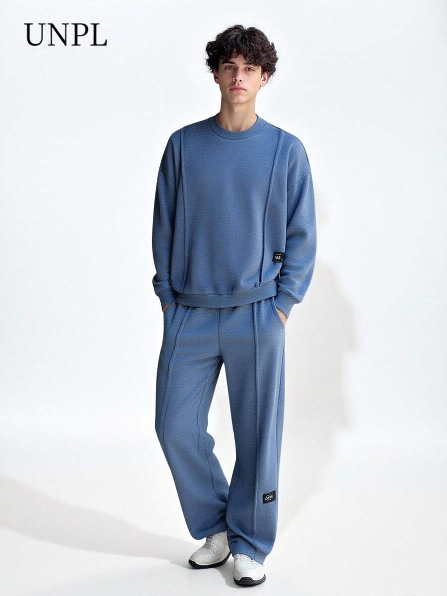 SHEIN Set de 2 piezas Sudadera y pantalones deportivos vintage para adolescentes varones, adecuado para uso diario, actividades al aire libre, fotografía en la ciudad