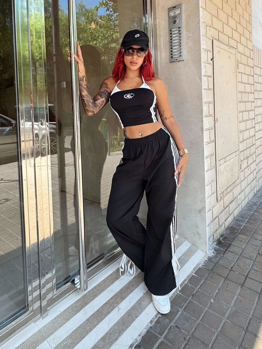 Bearsaez Women's Color Block Belt Simple Daily Long Pants - Black - View 1