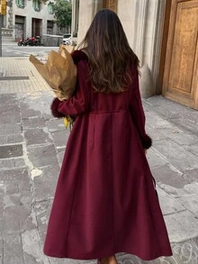 Aloruh Áo khoác dài cổ lông giả cho nữ mùa đông, thu đông, áo khoác nữ dịp năm mới, mùa thu. - Màu Đỏ Sâu - Xem 7