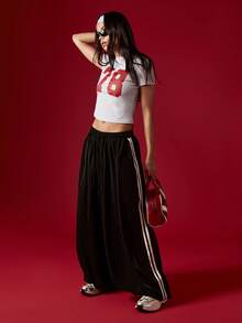 MISSGUIDED Contrast Stripe Satin Joggers Wide Leg Palazzo Pants With Elastic Waistband For Casual Comfort - Black - View 5