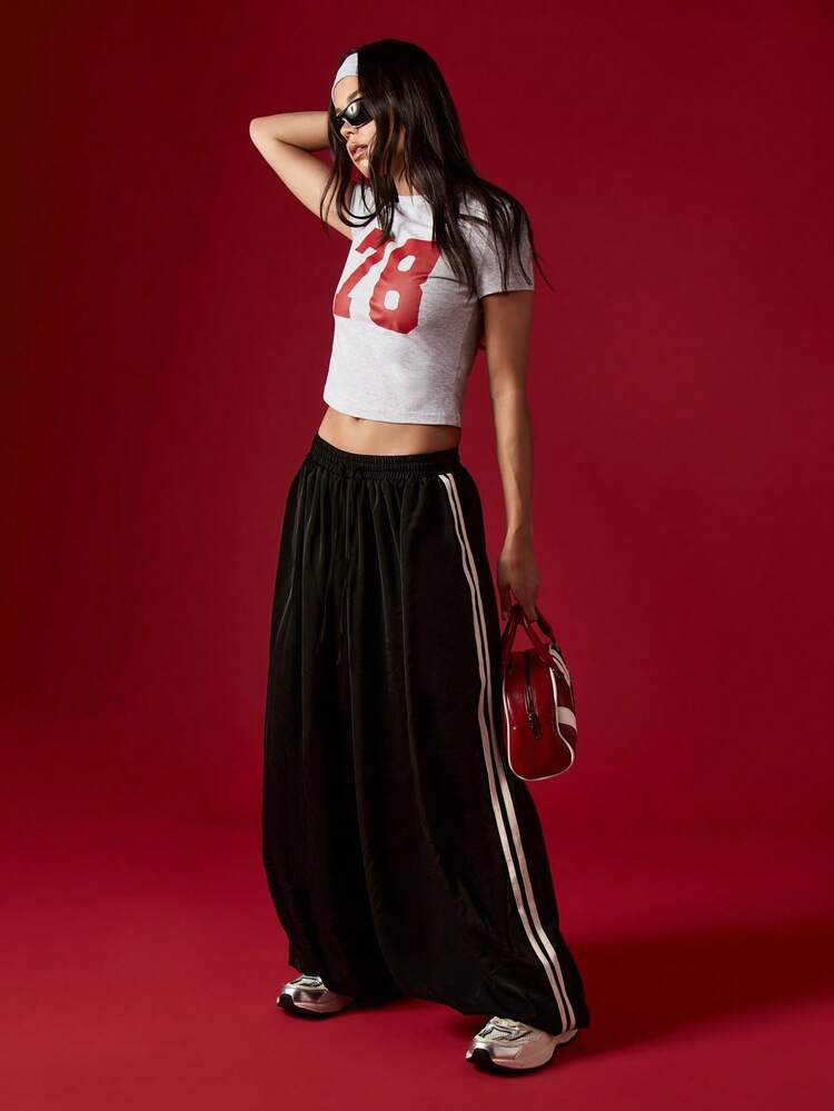 MISSGUIDED Contrast Stripe Satin Joggers Wide Leg Palazzo Pants With Elastic Waistband For Casual Comfort