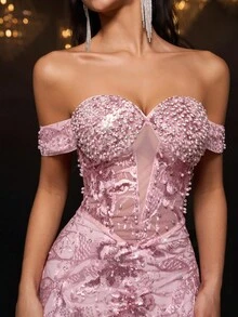 Glamrae Elegant And Gorgeous Mesh Sequin Embroidery One-Shoulder Heavy-Duty Full-Piece Three-Dimensional Hand-Beaded Cannon Beads Front Center Fishtail Tail Tail Suitable For Dating Parties, Wedding Events Heavy-Duty Evening Dress