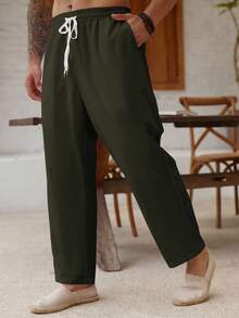 ResortEase Plus Size Men's Casual Versatile Solid Color Drawstring Waist Linen Pants, Fall - Green - View 6