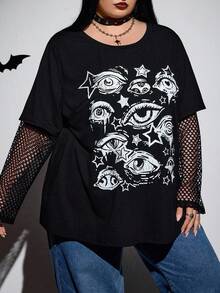 SHEIN CURVE+ Áo thun tay dài in hình mắt Gothic cỡ lớn cho nữ, màu tương phản, họa tiết đầu lâu cho ngày lễ Halloween cỡ lớn/Mùa thu/Đông - màu đen - Xem 5