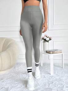 SHEIN Cottnline Wide Waistband Solid Leggings - Grey - View 6