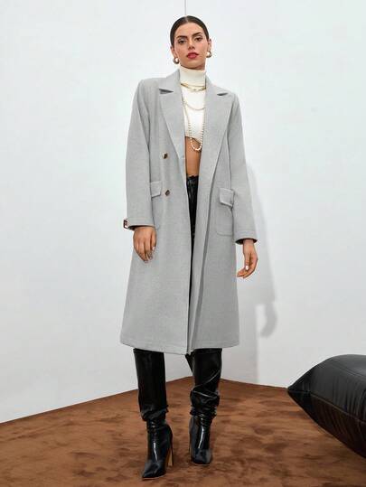 EURMUSE Light Grey Wool Belted Coat: Straight Fit, Ideal For Business Meetings Or Everyday Sophisticated Looks, Made From Midweight Wool-Blend Fabric With A Classic Lapel Collar, Gold Buttons And Adjustable Belt Womens Coat Double-Breasted Coat Wrap Coat Grey Coat Double Breasted Coat Coat For Women