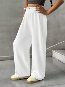 SHEIN 青少年女孩简约前系带宽松运动裤，休闲日常穿着 - 白色 - 查看 3