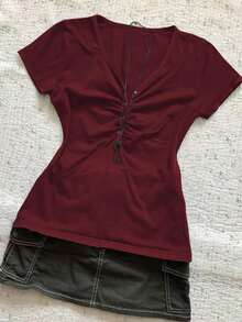 INAWLY 女士休闲纯色短袖修身T恤，夏季 - 酒紅色 - 查看 1