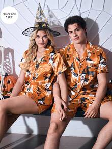 CoupledUp Summer Bear Print Satin Cardigan Cute Couple Pajama Set For Men Couples Matching Halloween Pjs Halloween Pajama Couples Matching Pajamas Set Couples Halloween Pajamas Matching Couples Pajamas - Multicolor - View 3