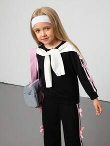 Hanevo 2pcs/Set Young Girl Spring & Summer Casual Ribbon Bow Sweatshirt Top & Bowknot Pants Set, Comfy Outfit - Black - View 5