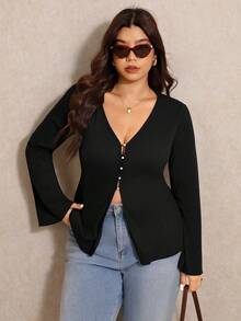 Elaquor 大码纯色V领纽扣休闲长袖T恤 - 黑色 - 查看 1