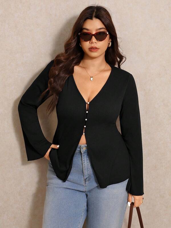 Elaquor Plus Size Solid Color V-Neck Button Front Casual Long Sleeve T-Shirt