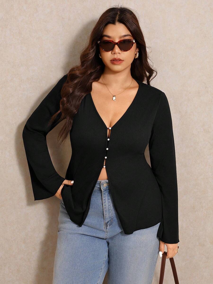 Elaquor 大码纯色V领纽扣休闲长袖T恤 - 黑色 - 查看 1