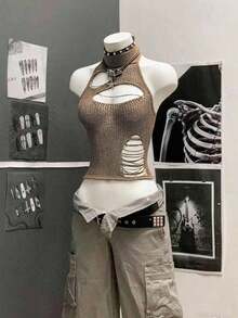 StreetHx 女士街头风纯黑色镂空钩针无袖针织上衣 - 棕色 - 查看 3