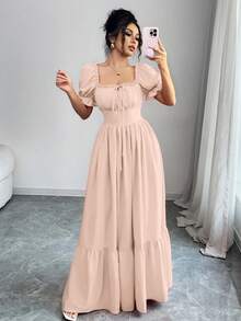 Rafferiza Đầm suông hở lưng, tay bồng, cổ vuông, buộc trước, hở eo cho nữ - trái cam - Xem 5