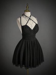 SHEIN ICON Vestido corto de mujer de unicolor con espalda descubierta, drapeado y volantes, con tirantes ajustables - Negro - Ver 9