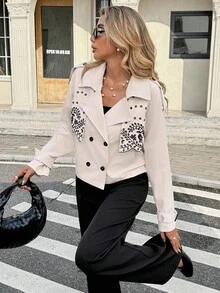SHEIN Frenchy Women's Black Autumn Elegant Fluffy Office Short Trench Coat,Plant Embroidery Notched Lapel Double-Breasted Long Raglan Sleeve Casual Business Coat - Multicolor - View 3