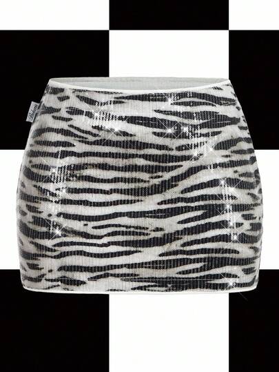Y2Kool Damen Minirock mit Tiermuster Pailletten und metallischer Farbe, geeignet für Halloween Party und Feiertage, Pailletten Rock mit Zebramuster, passende Idee für lässige Kombinationen, Tierprint Rock für Frauen, grafischer Rock, schwarz-weißer Rock, Zebra Rock für Damen, stilvolle Bekleidungskollektion, Neujahrskostüme
