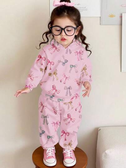 SHEIN 可爱甜美蝴蝶结印花粉色学院风法式复古甜美女宝宝休闲宽松舒适针织柔软连帽卫衣套装适合秋冬