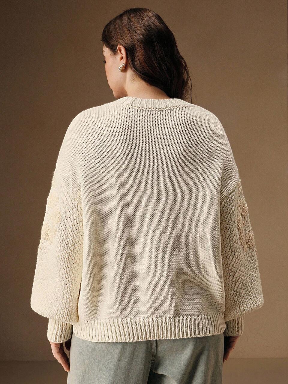 White,Autumn,Elegant,Bride Round Neck Sweater,Floral Jacquard Design Long Sleeve Knit Pullover,Loose Fit Plus Size Sweater For Christmas,New Year