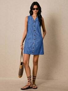 Poéselle 女式圆领单排扣口袋休闲无袖牛仔连衣裙 - 淺色水洗藍 - 查看 4