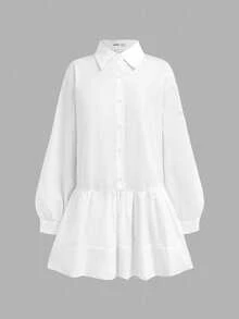 SHEIN 宽松休闲简约舒适长袖荷叶边下摆连衣裙，适合少女