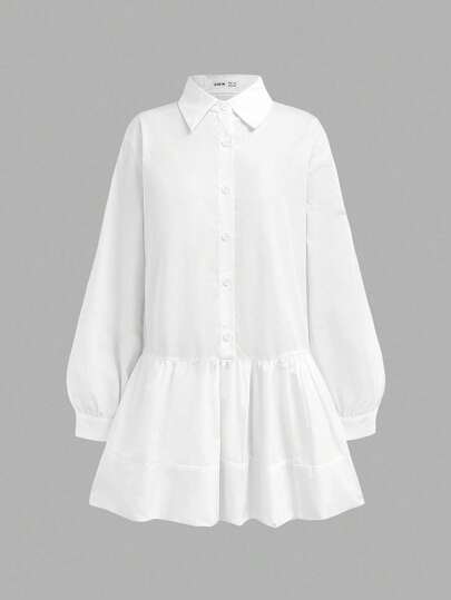 SHEIN Loose Casual Minimalist Comfortable Collared Long Sleeve Peplum Hem Dress For Teen Girls Fall Winter