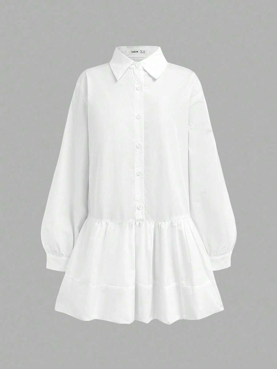 SHEIN 宽松休闲简约舒适长袖荷叶边下摆连衣裙，适合少女